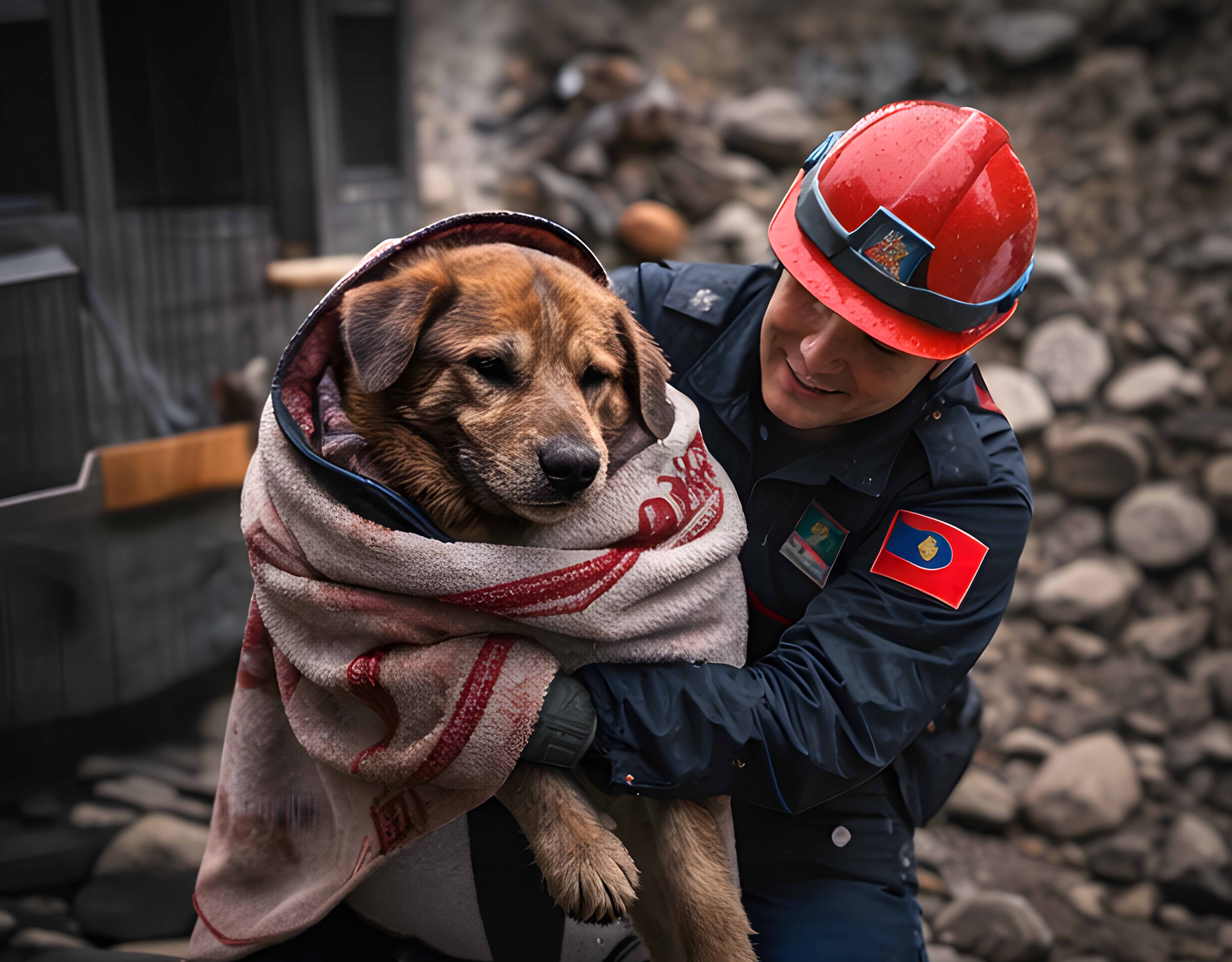 搜救人員抱著裹著毛巾的狗